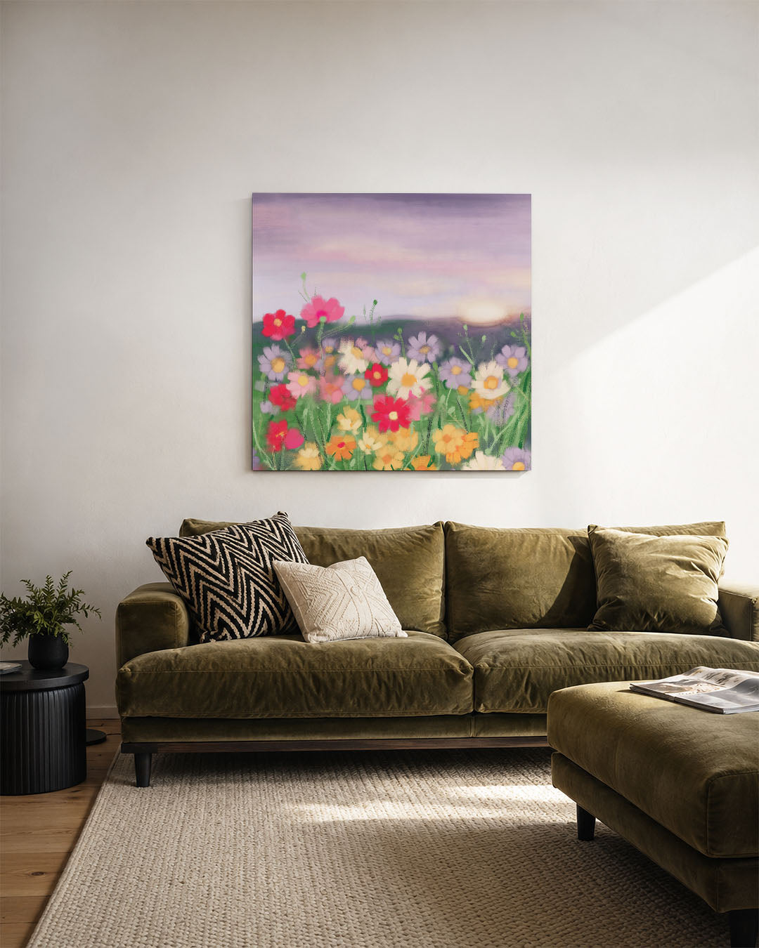 Bloemenveld bij zonsondergang Kunstwerk