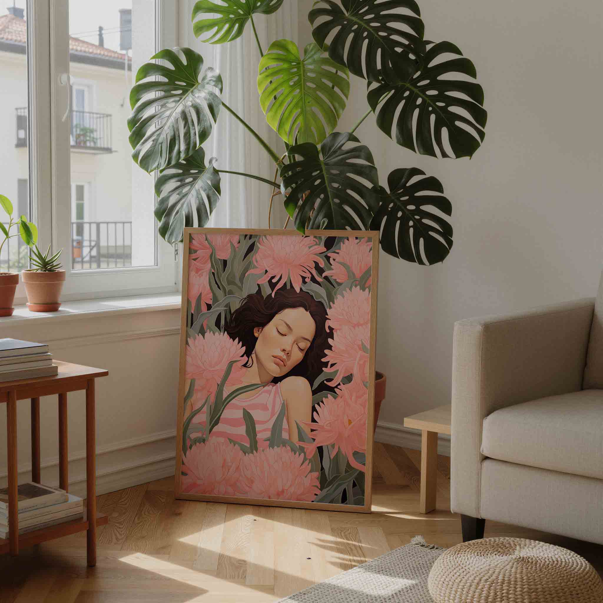 Slapende vrouw tussen bloemen Poster