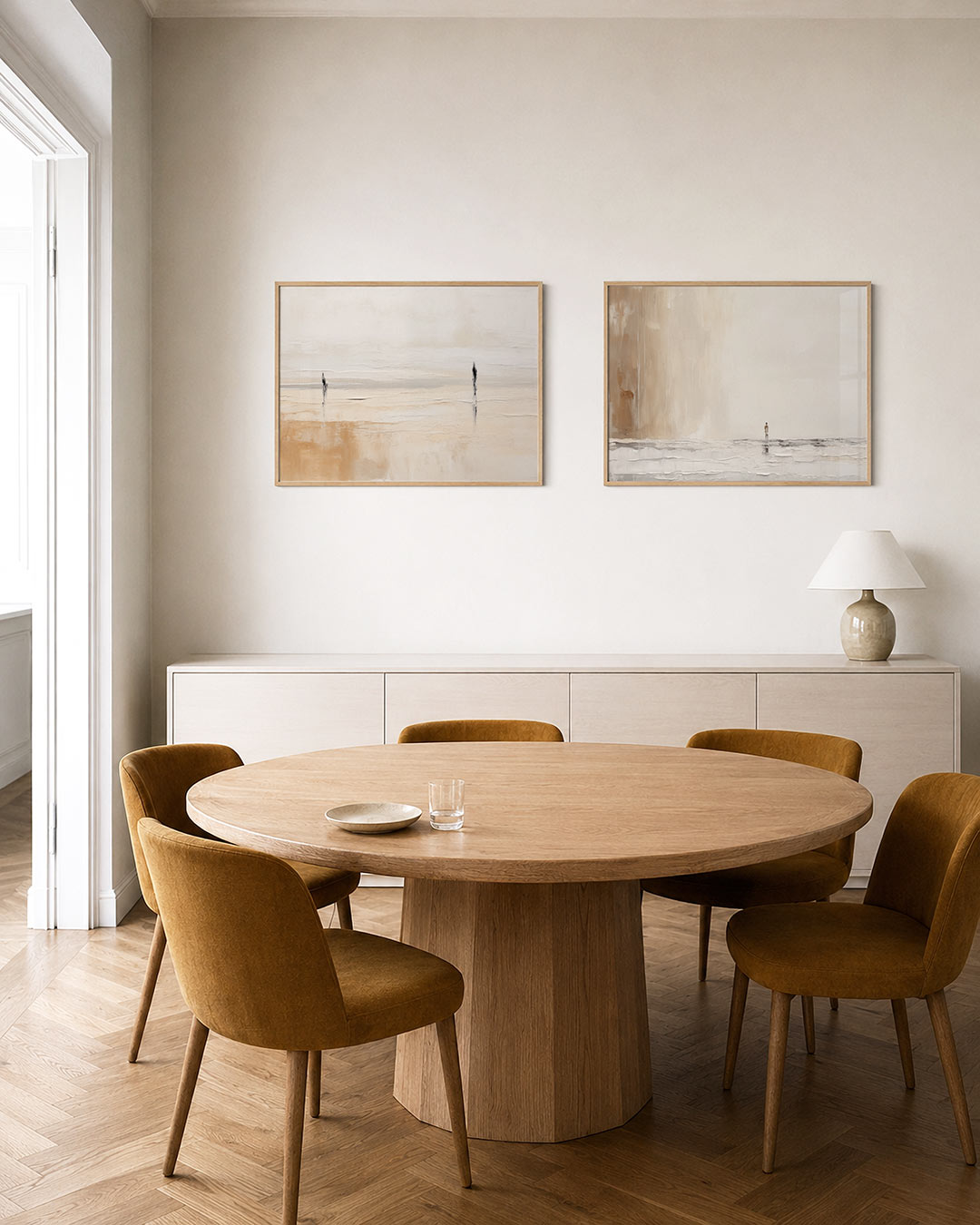 Twee liggende posters met zachte overgangen van beige naar wit, met fijne verticale accenten, aan de muur in een interieur