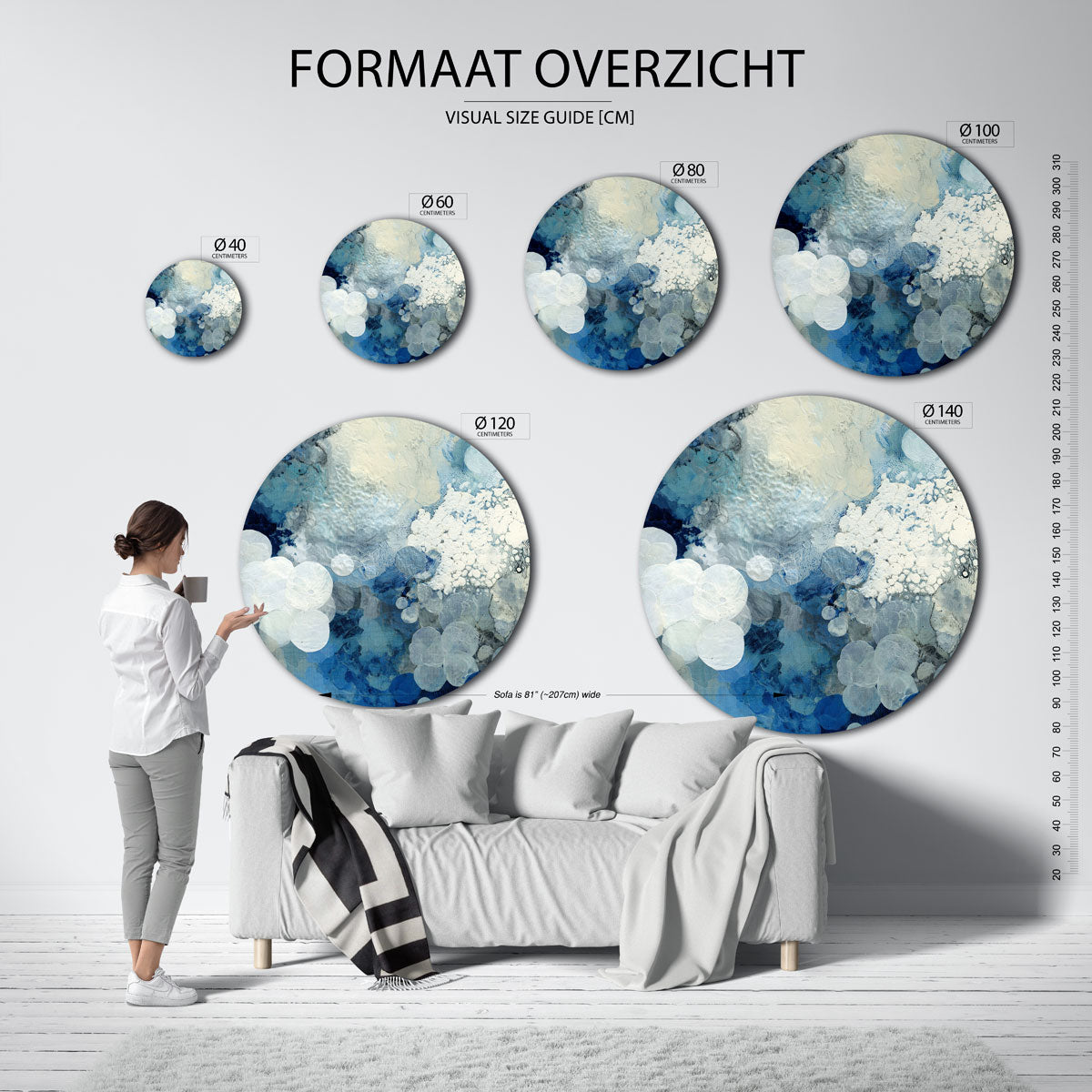 Blauwe en witte cirkels Muurcirkel