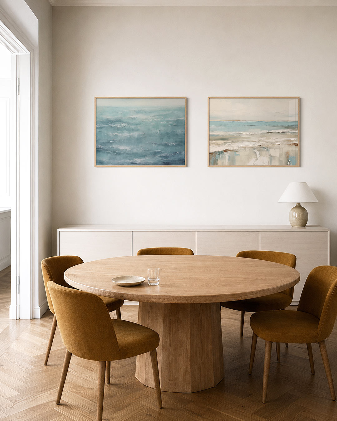 Tweedelige posterset met een serene zee met zachte golven, getoond in een interieur