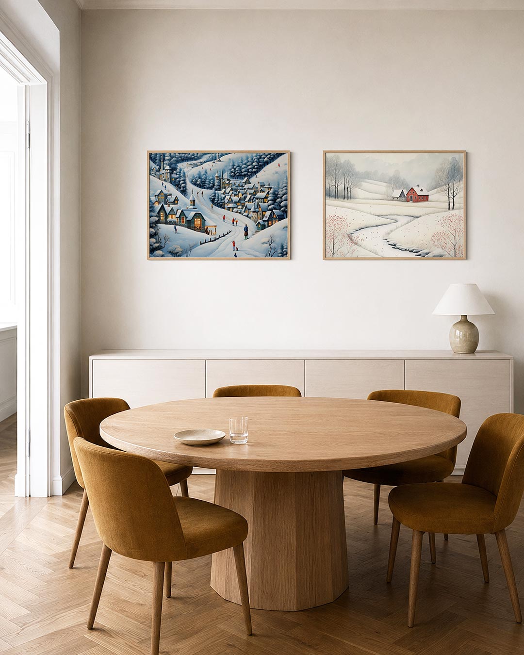 Tweedelige posterset met een winterse scène met besneeuwde daken en glooiende heuvels, getoond in een interieur