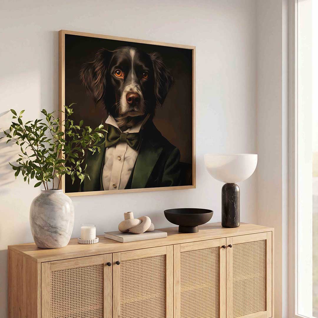 Hond in groene jas Poster