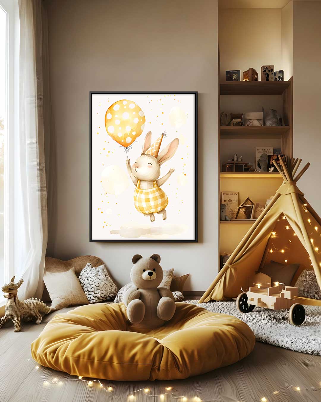 Vrolijk Konijn met Ballon Kunstwerk-canvas-dibond-plexiglas-wanddecoratie-WallArtistic