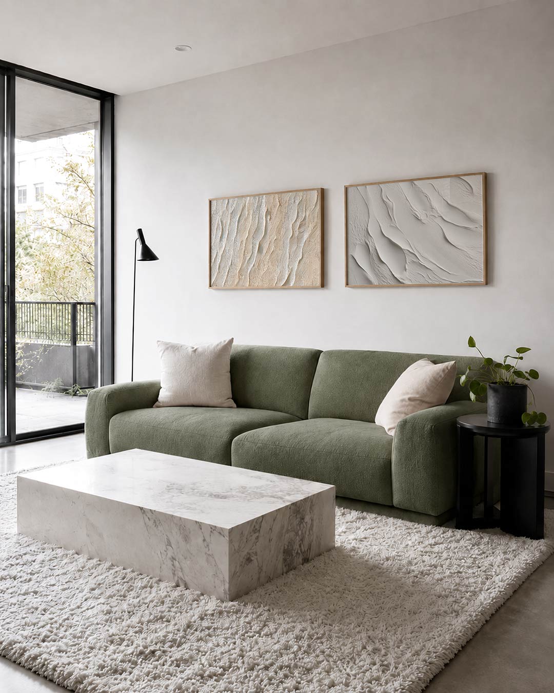 Twee liggende posters met een patroon van golvende lijnen in zachte beige tinten, aan de muur in een interieur