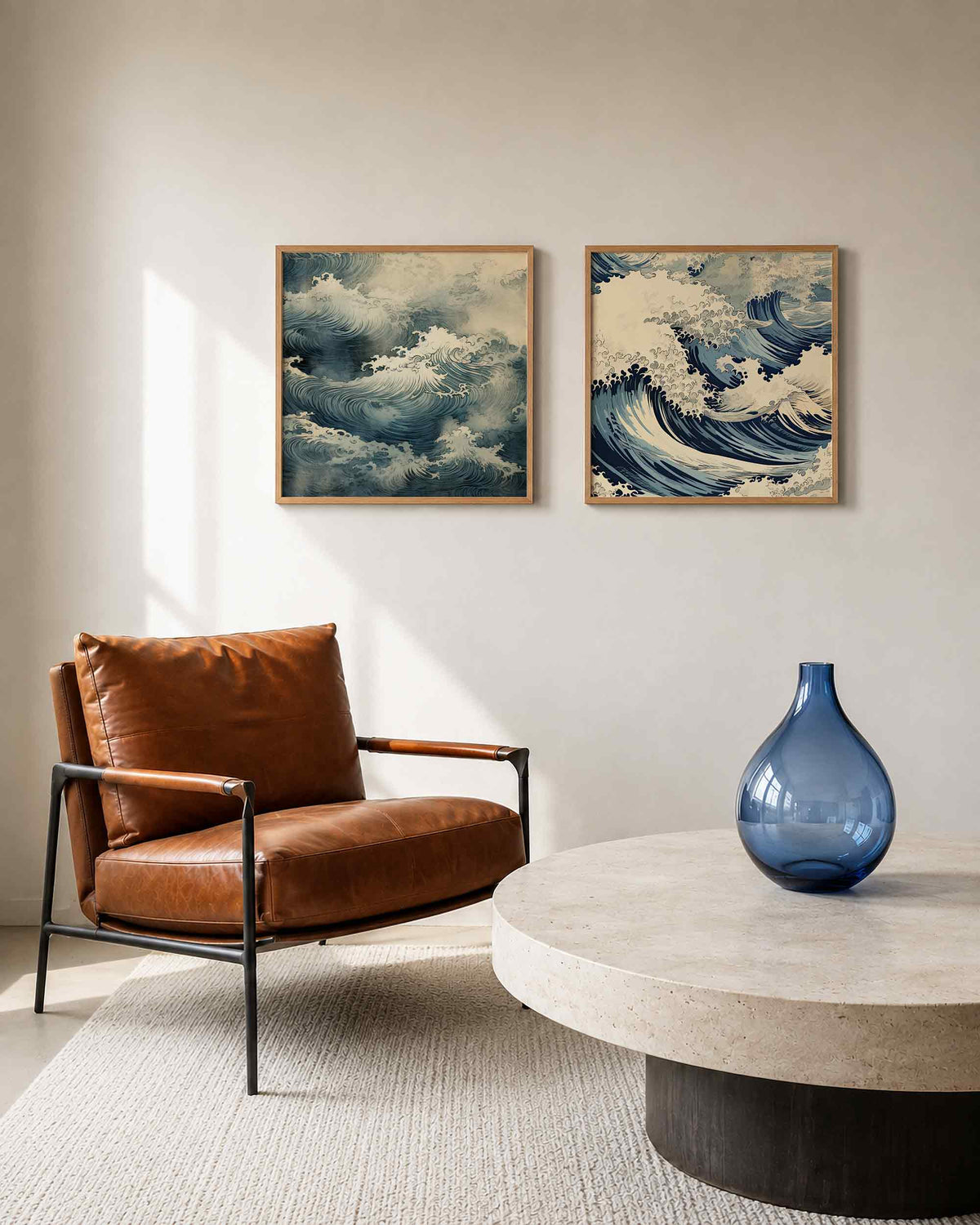Interieurpresentatie van een tweedelige vierkante posterset met woeste golven