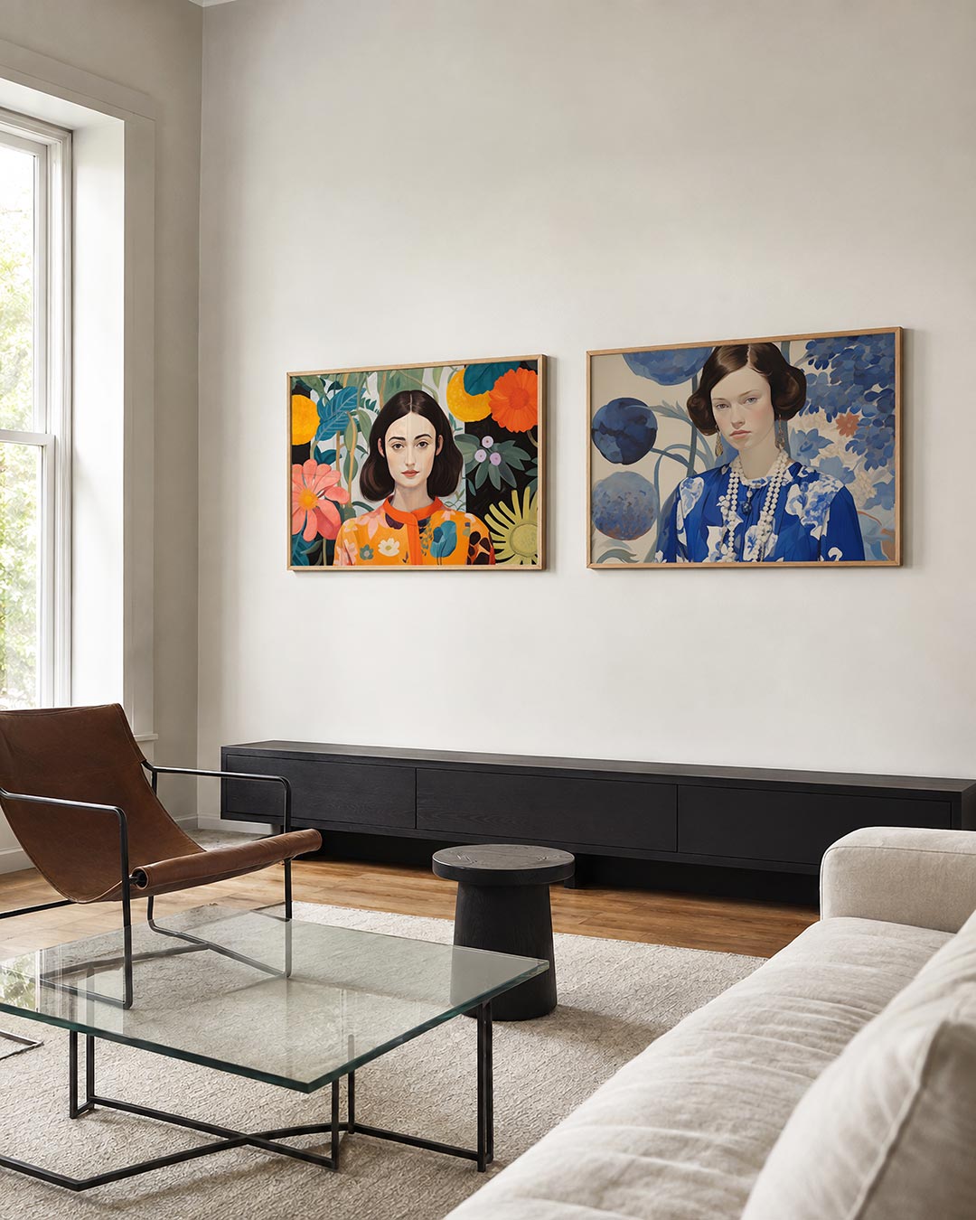 Twee liggende posters met een vrouw omringd door grote bloemen en bladeren, aan de muur in een interieur