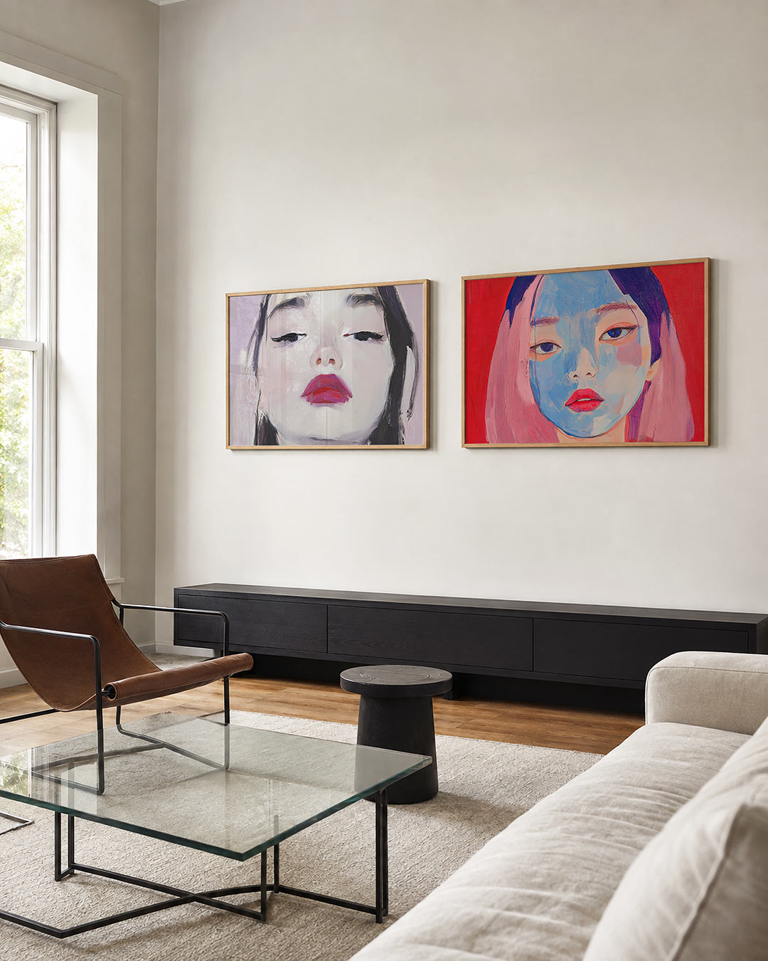 Twee liggende posters met donkere tinten en een rustige visuele opbouw, aan de muur in een interieur
