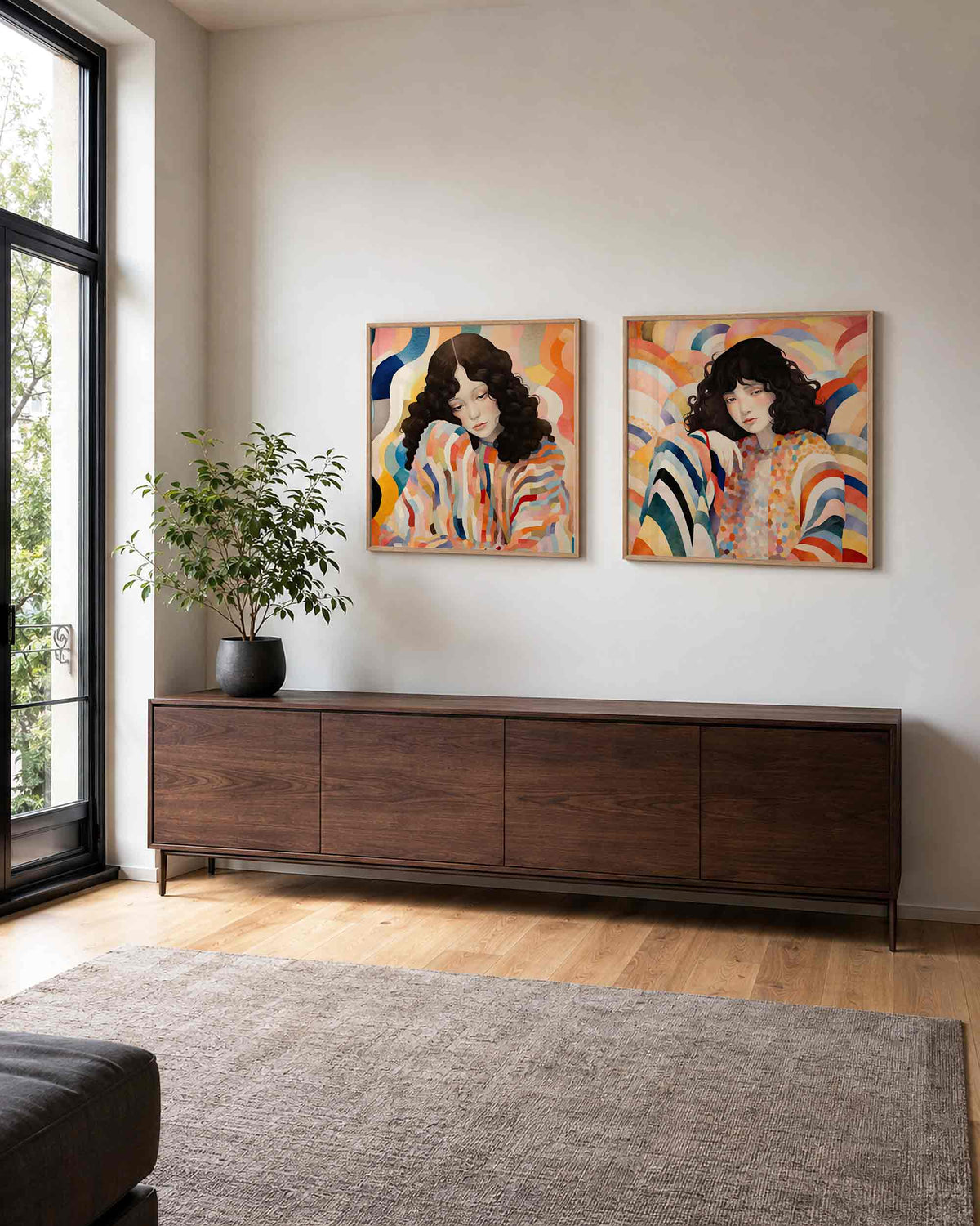 Interieurpresentatie van een tweedelige vierkante posterset met vrouwenportretten