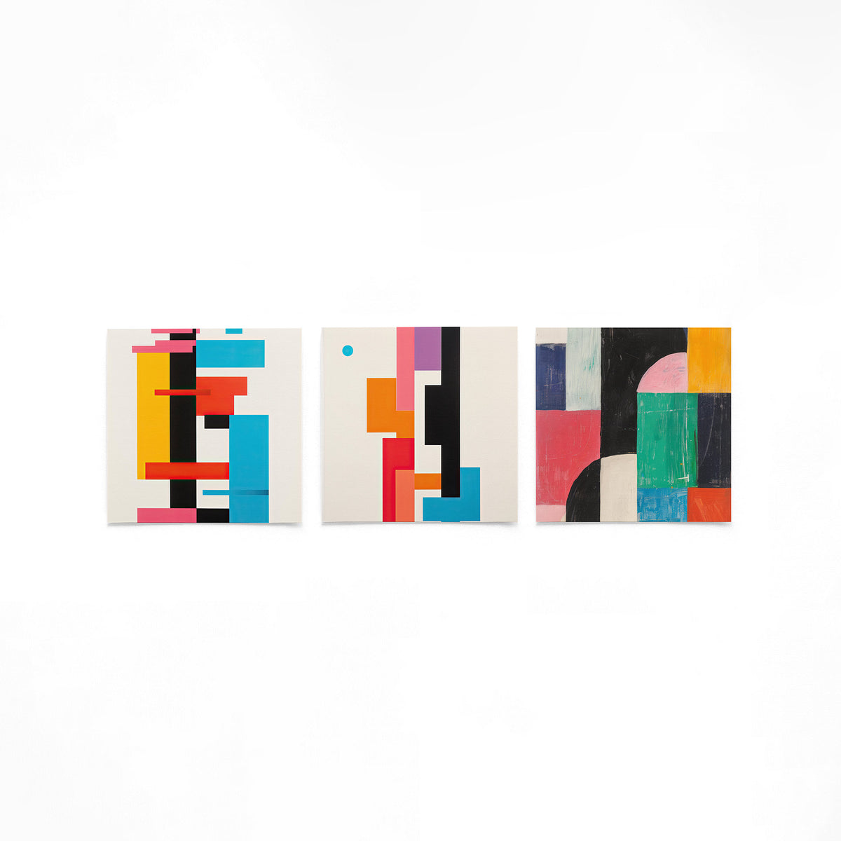 Drie vierkante posters met abstracte vlakken op een gebroken witte achtergrond