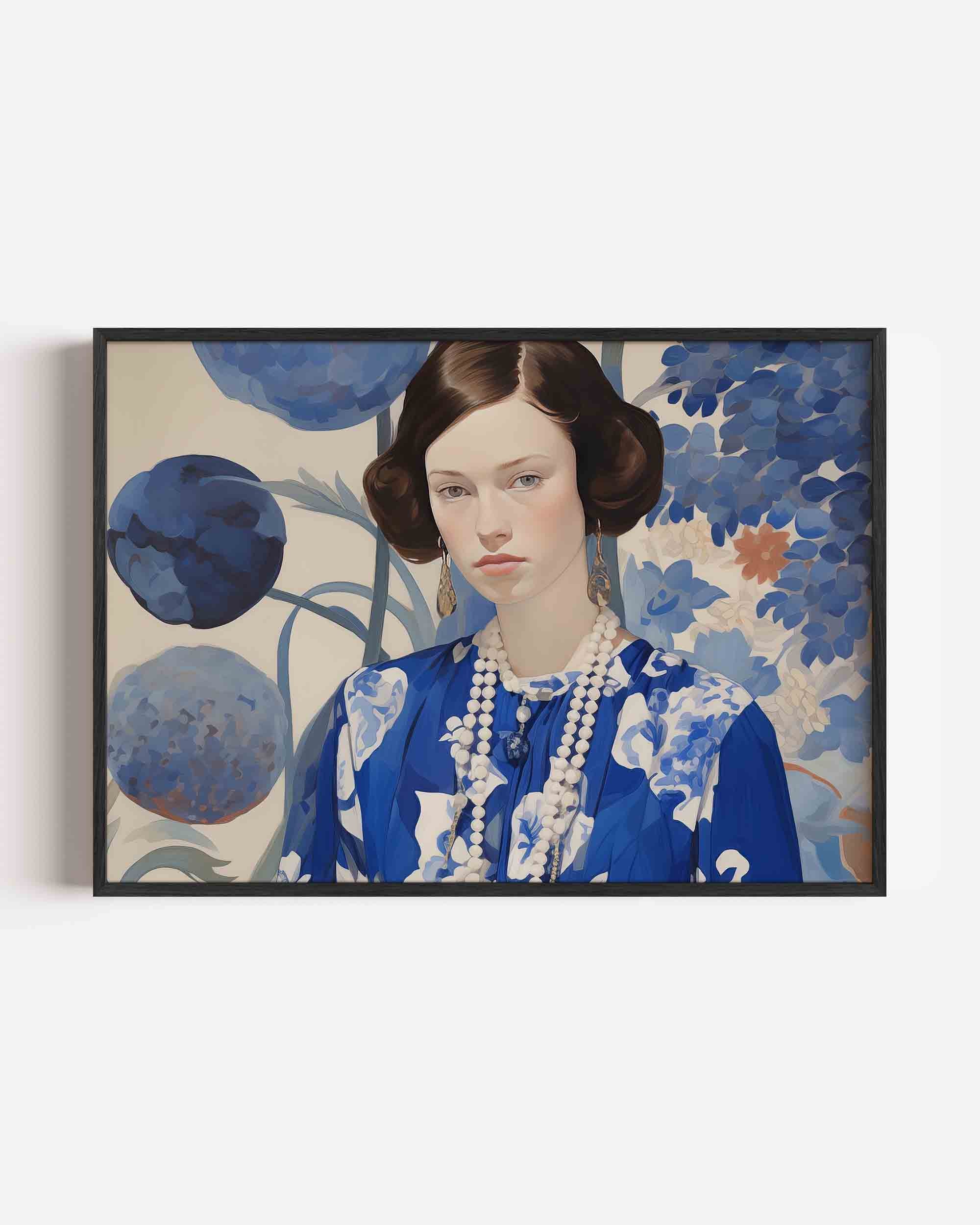 Vrouw met blauwe bloemen Poster