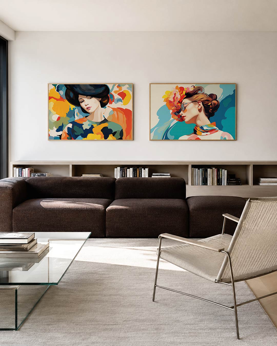 Tweedelige posterset met een vrouw omringd door een levendige mix van kleuren en vormen, getoond in een interieur
