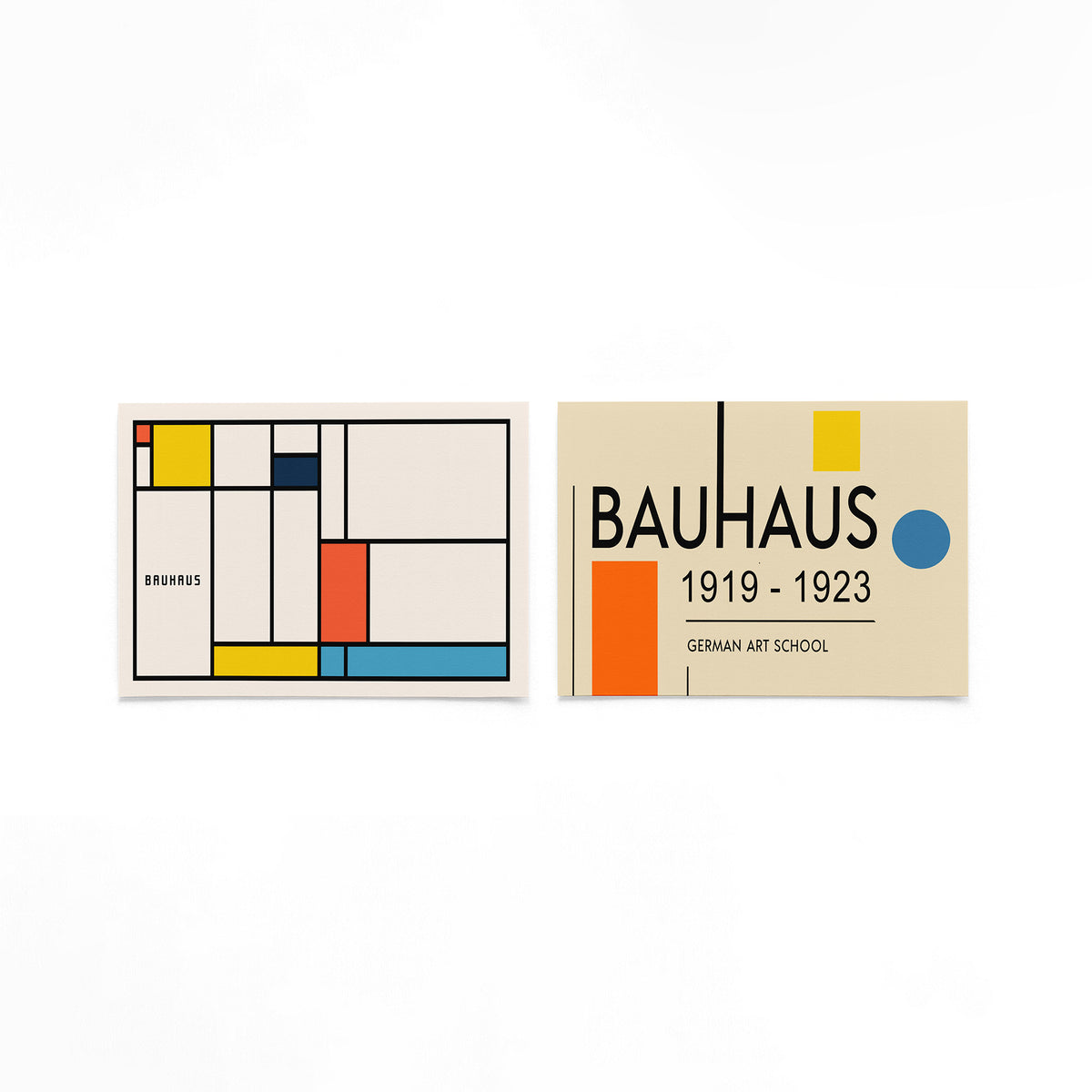 Twee landscape posters met kleurvlakken en bauhausletters als vrijstaande productfoto