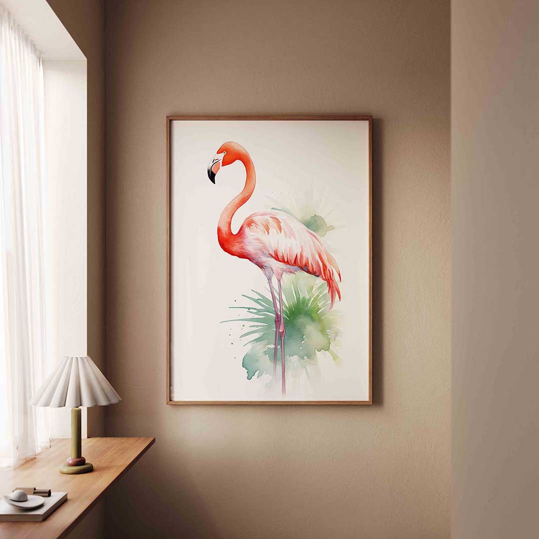 Flamingo met groene bladeren Poster