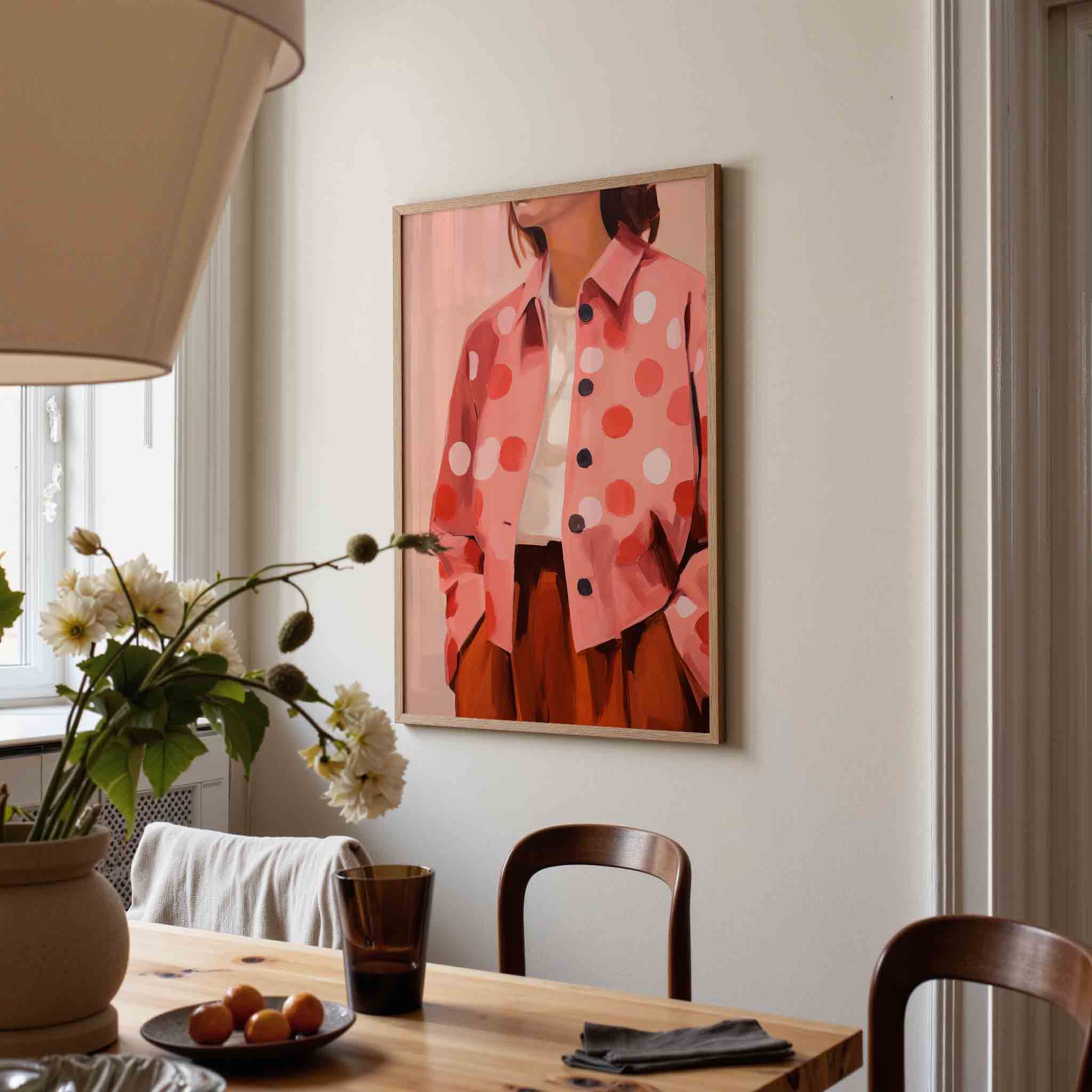 Vrouw in roze jas Poster