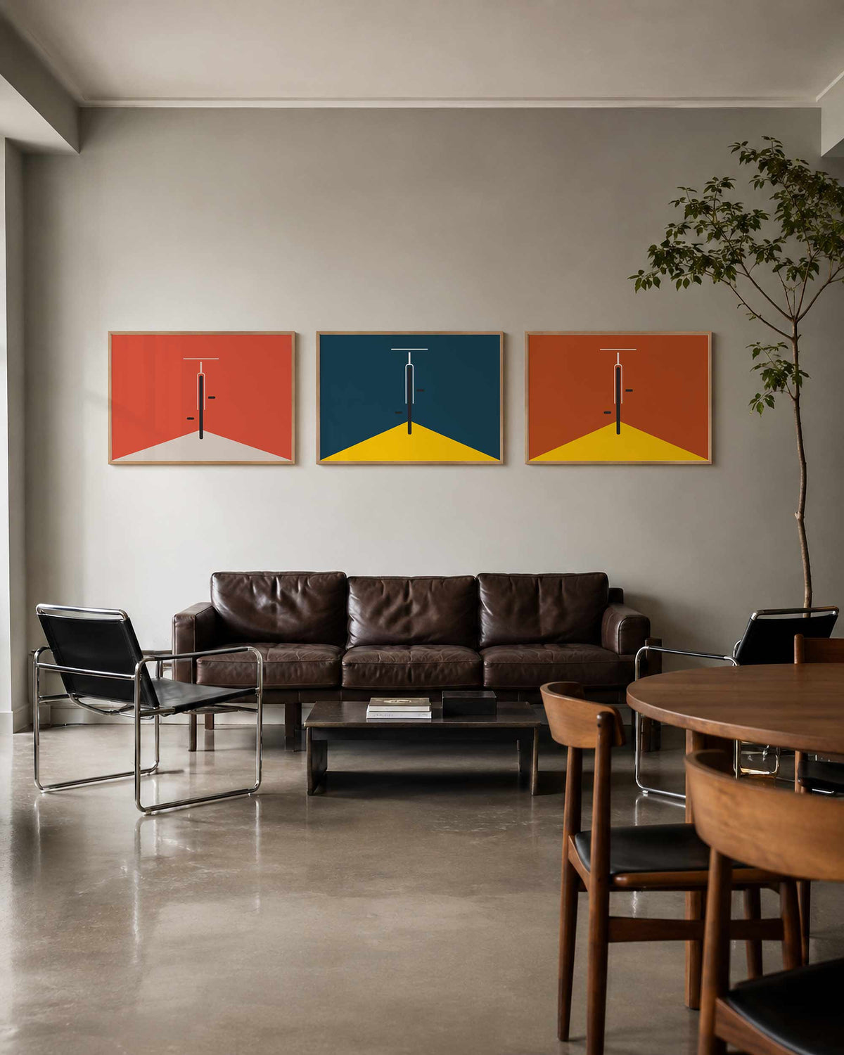 Interieurmockup van drieluik landscape-posterset met hoeklijn in drie kleuren