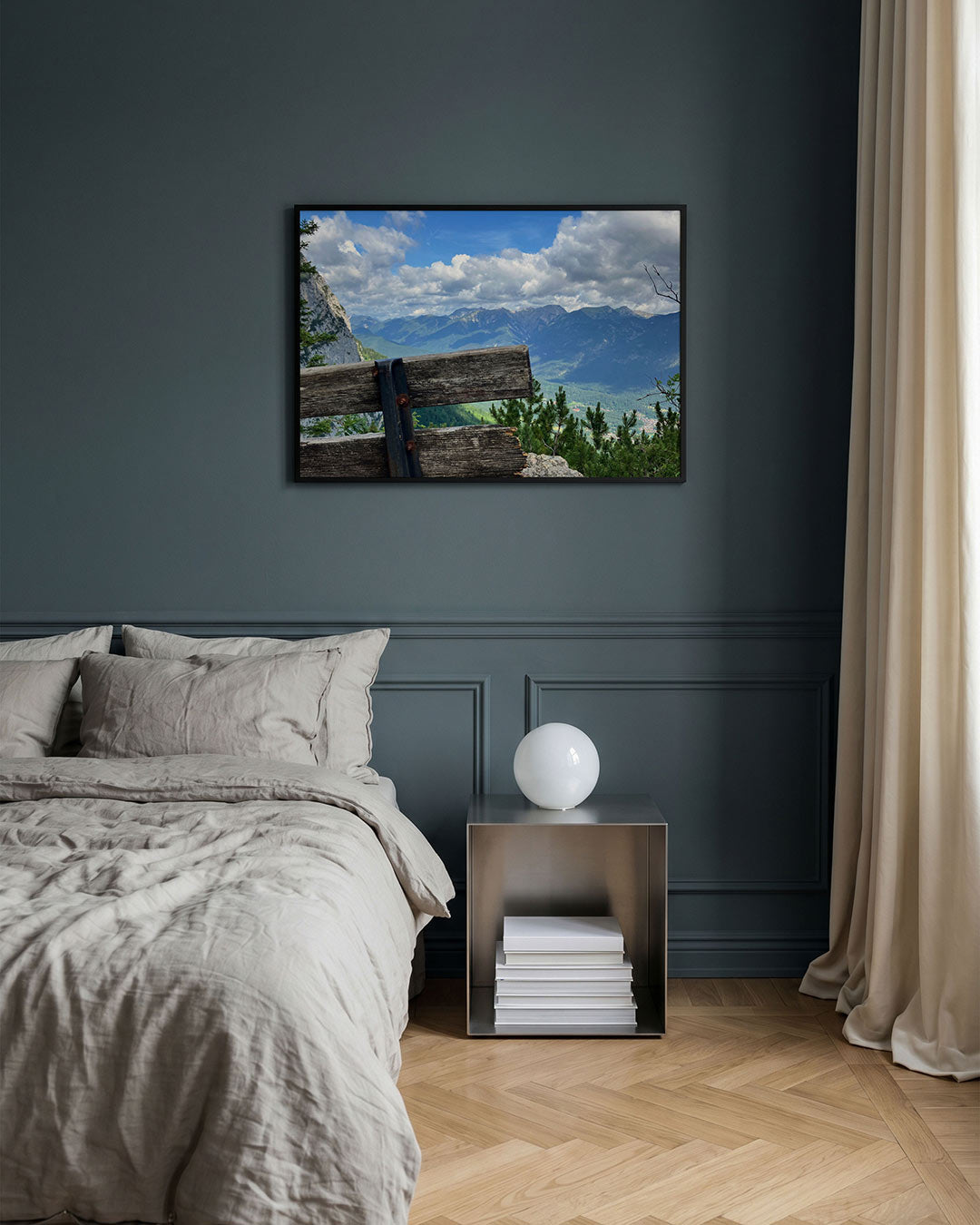 Berglandschap met bank Poster