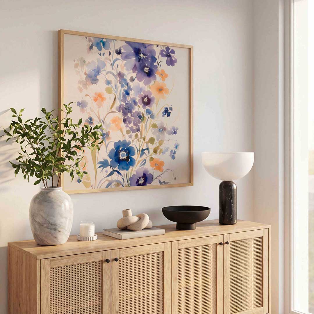 Bloemen in blauw en oranje Poster