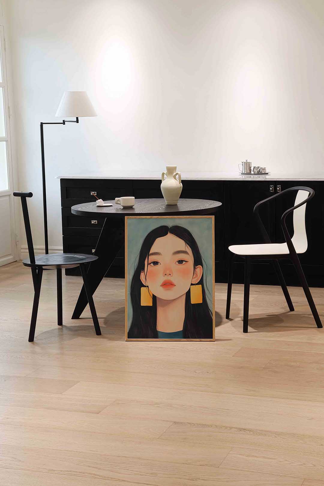 Portret met gele oorbellen Poster