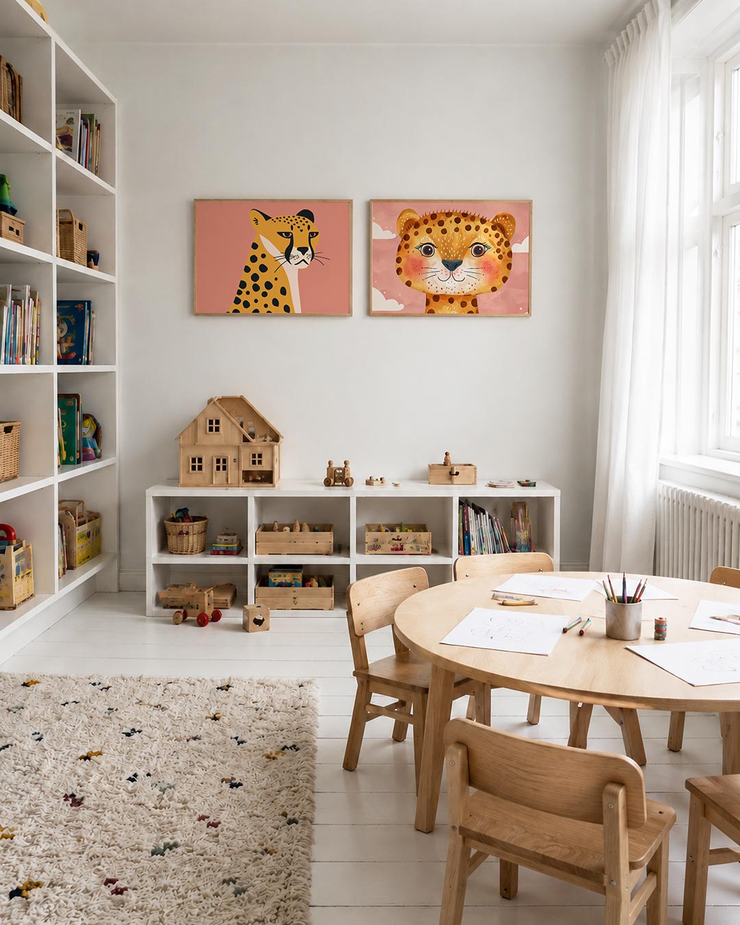 Interieurpresentatie van twee posters met een gestileerde cheetah tegen een roze achtergrond