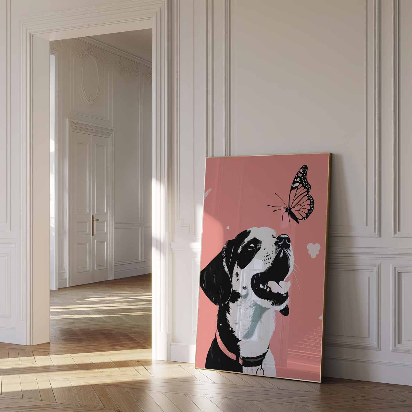 Vrolijke Hond en Vlinder Poster-WallArtistic