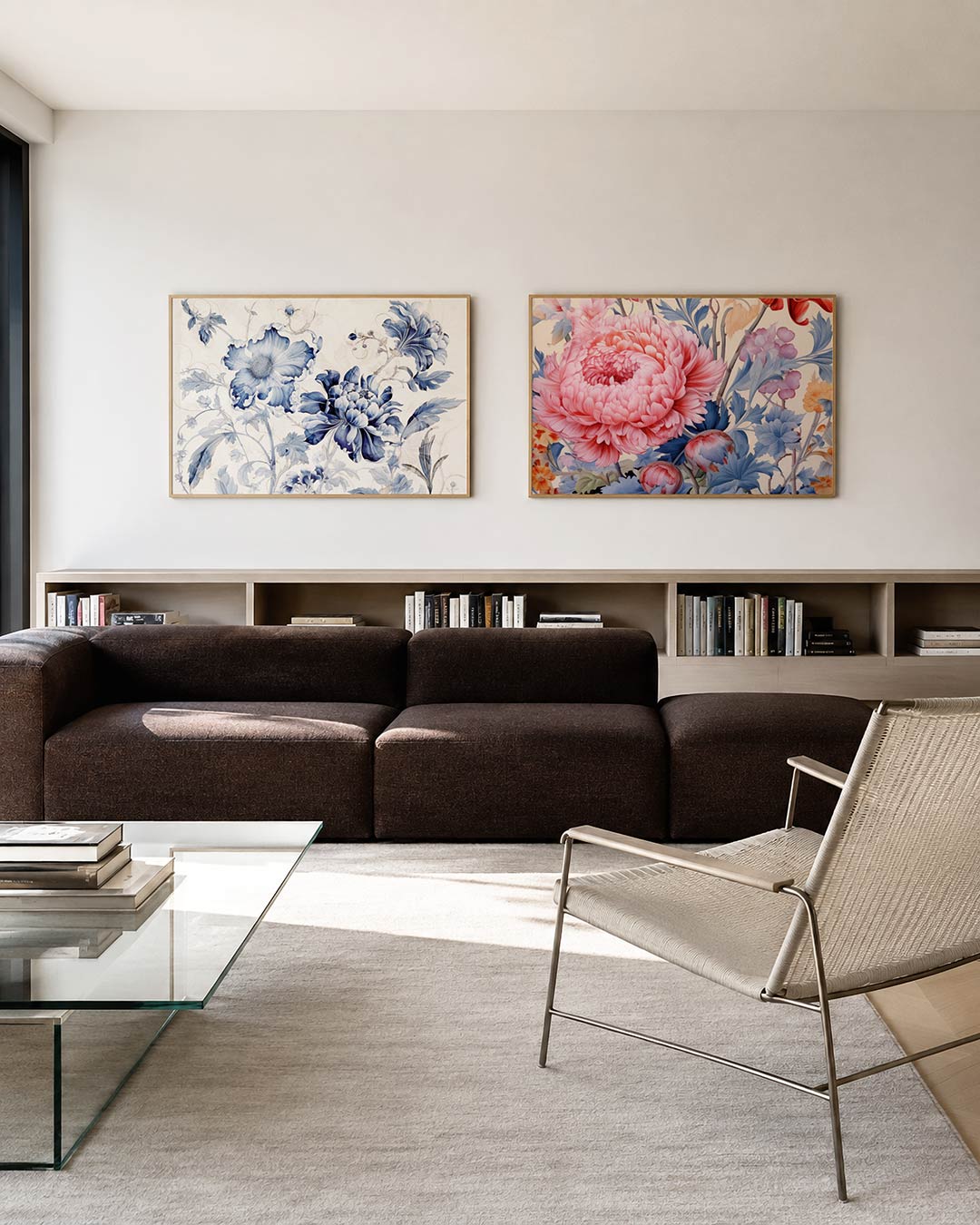 Tweedelige posterset met delicate bloemen in blauw en wit, met sierlijke lijnen en vloeiende vormen, getoond in een interieur