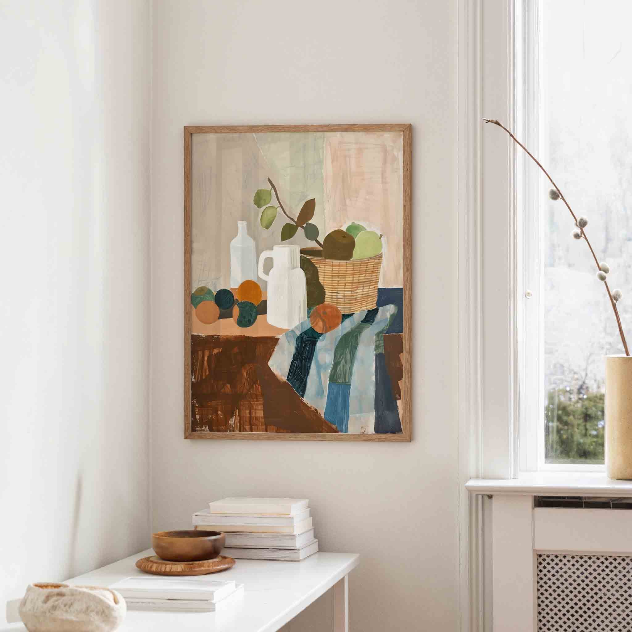 Stilleven met fruit en flessen Poster