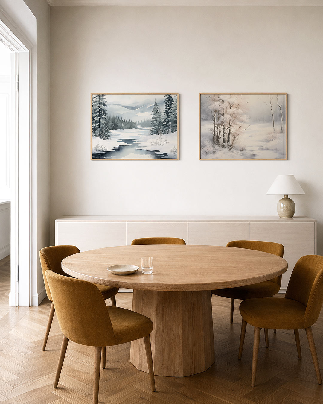 Twee liggende posters met een besneeuwd landschap met hoge dennenbomen en een bevroren meer, aan de muur in een interieur