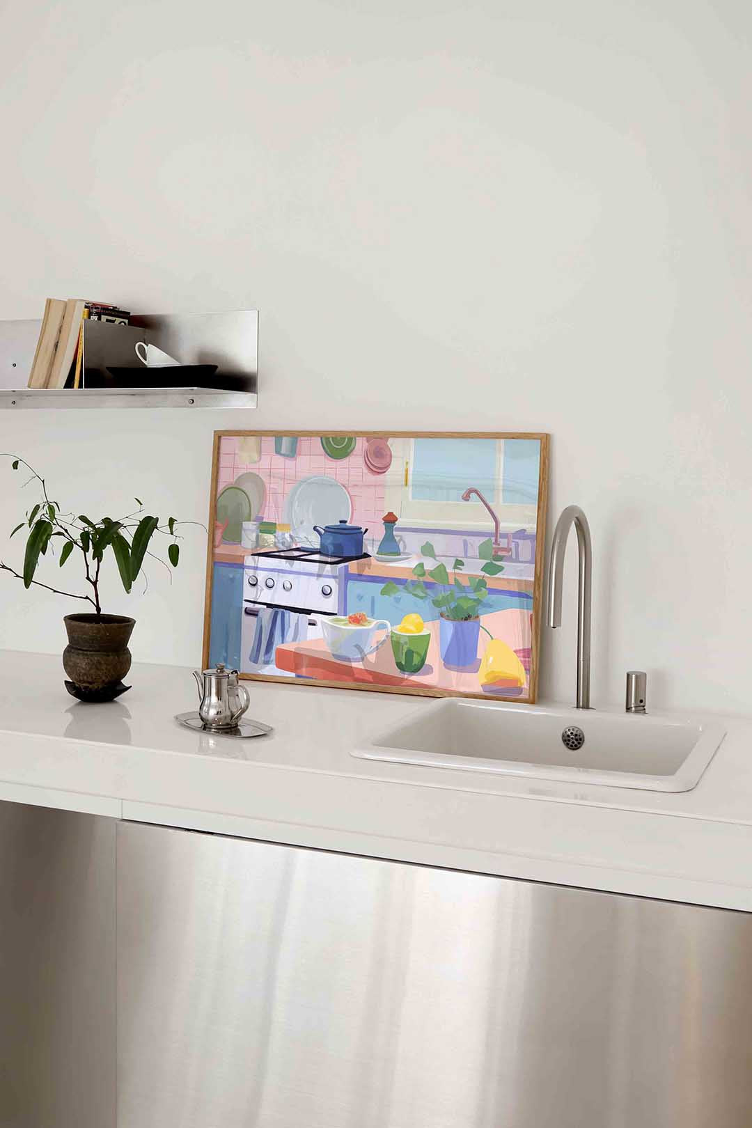 Keuken met blauwe pan Poster