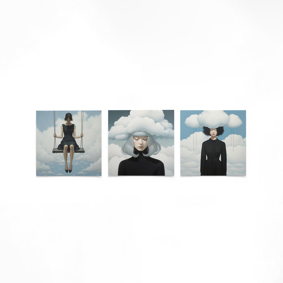 Drie vierkante posters met vrouwen in wolken op een gebroken witte achtergrond