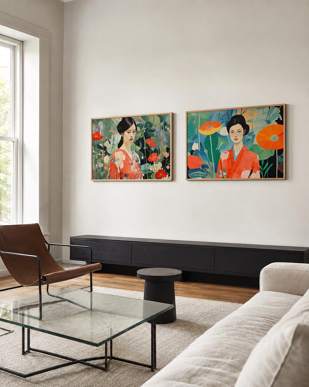 Tweedelige posterset met deze posterset in twee delen combineert een vrouw in een kleurrijke kimono, getoond in een interieur