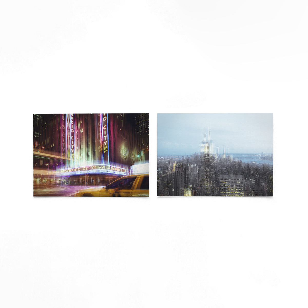 Productfoto van twee liggende posters met stad in lichtlagen – Gerald Emming