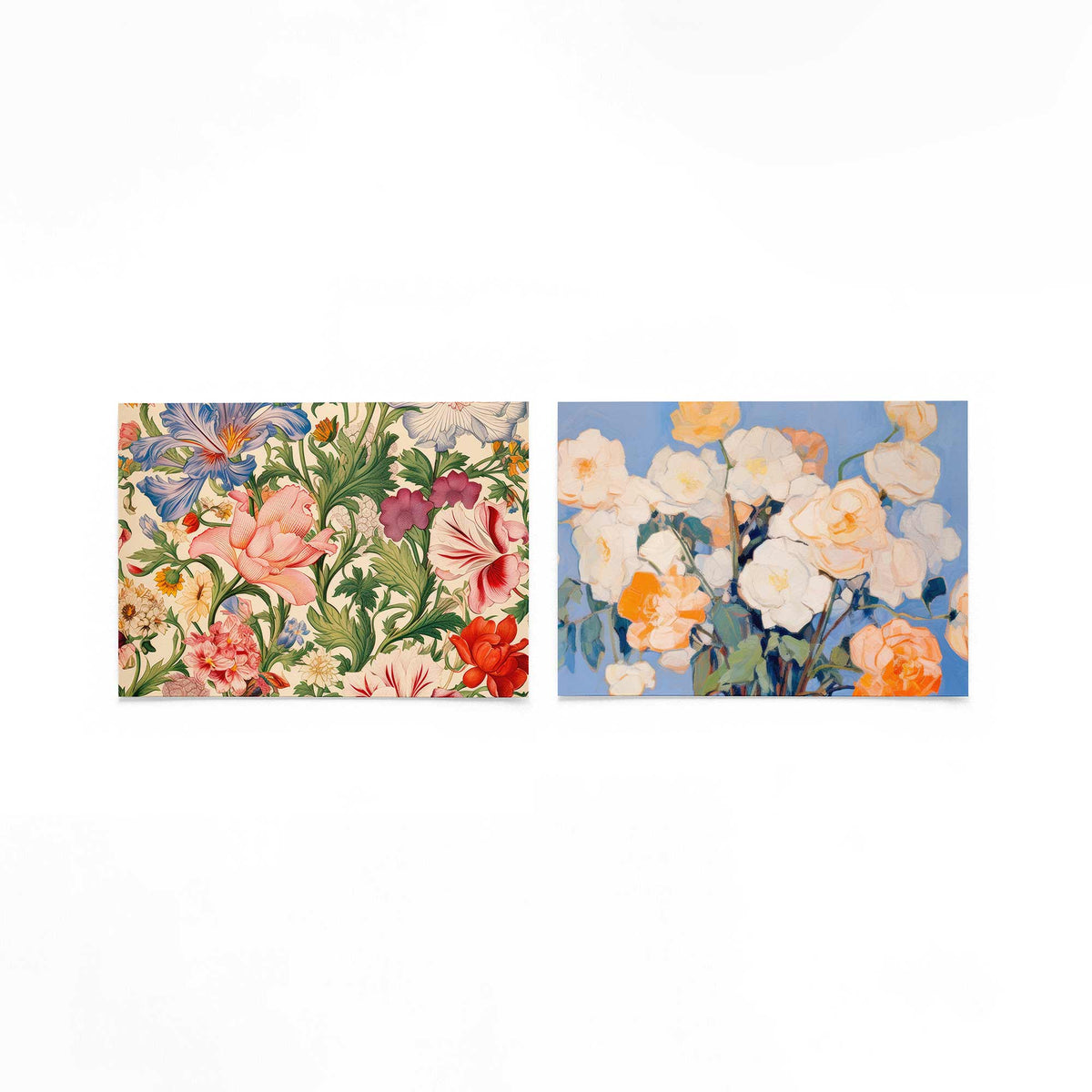 Twee liggende posters met een weelderige verzameling bloemen in levendige tinten op een gebroken witte achtergrond