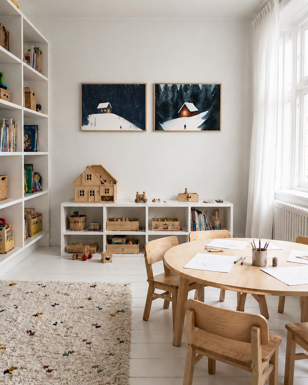 Tweedelige posterset met een eenzaam huisje straalt warm licht uit, getoond in een interieur