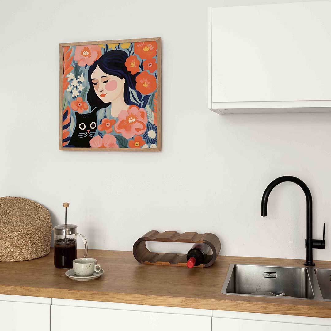 Vrouw en kat met bloemen Poster