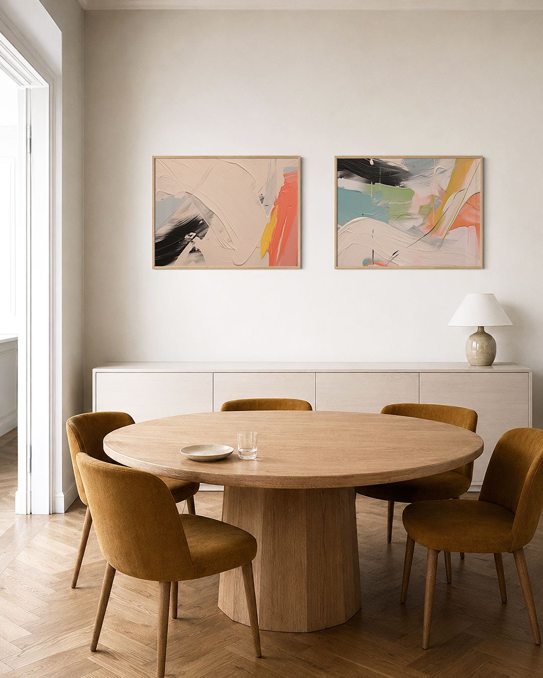 Twee liggende posters met vloeiende kleurvlakken, aan de muur in een interieur