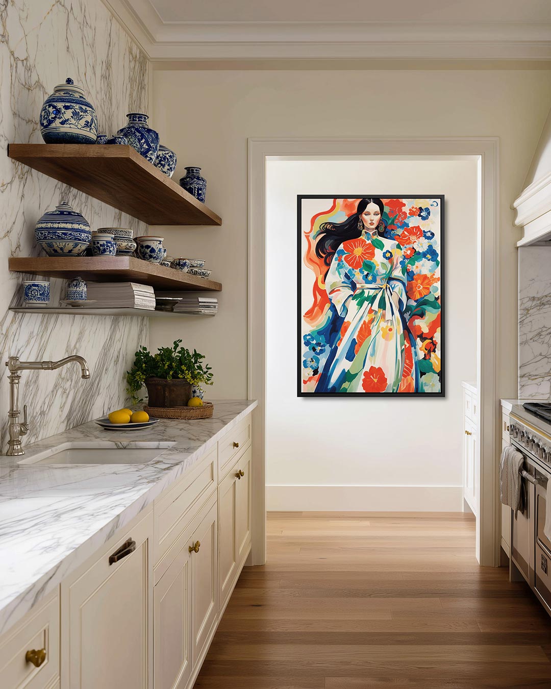 Vrouw in bloemen Kunstwerk