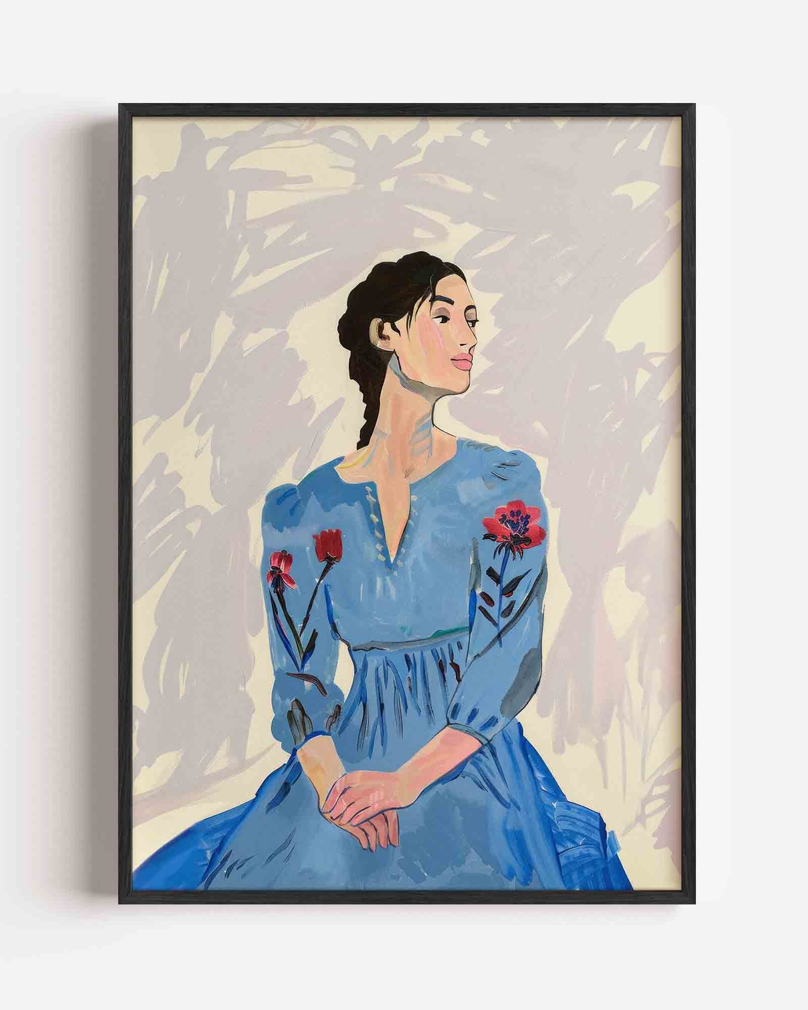 Vrouw in blauwe jurk Poster