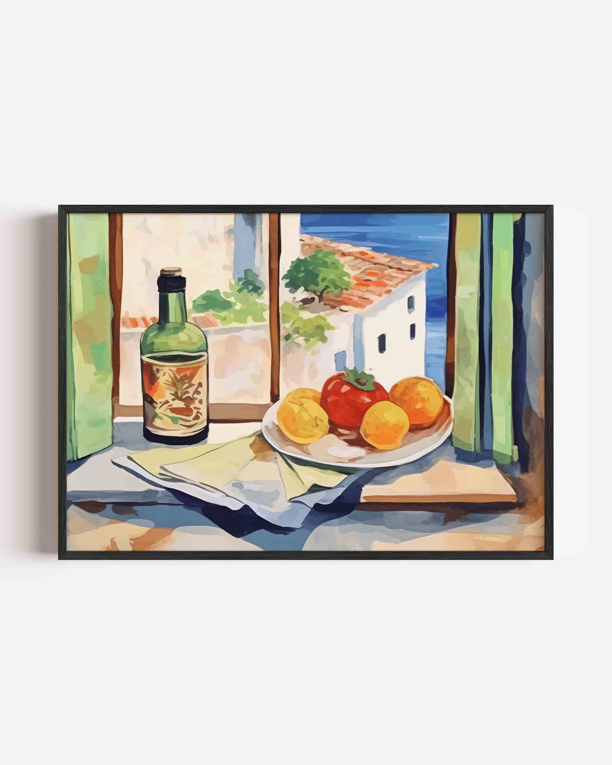 Fruit en fles bij raam Poster