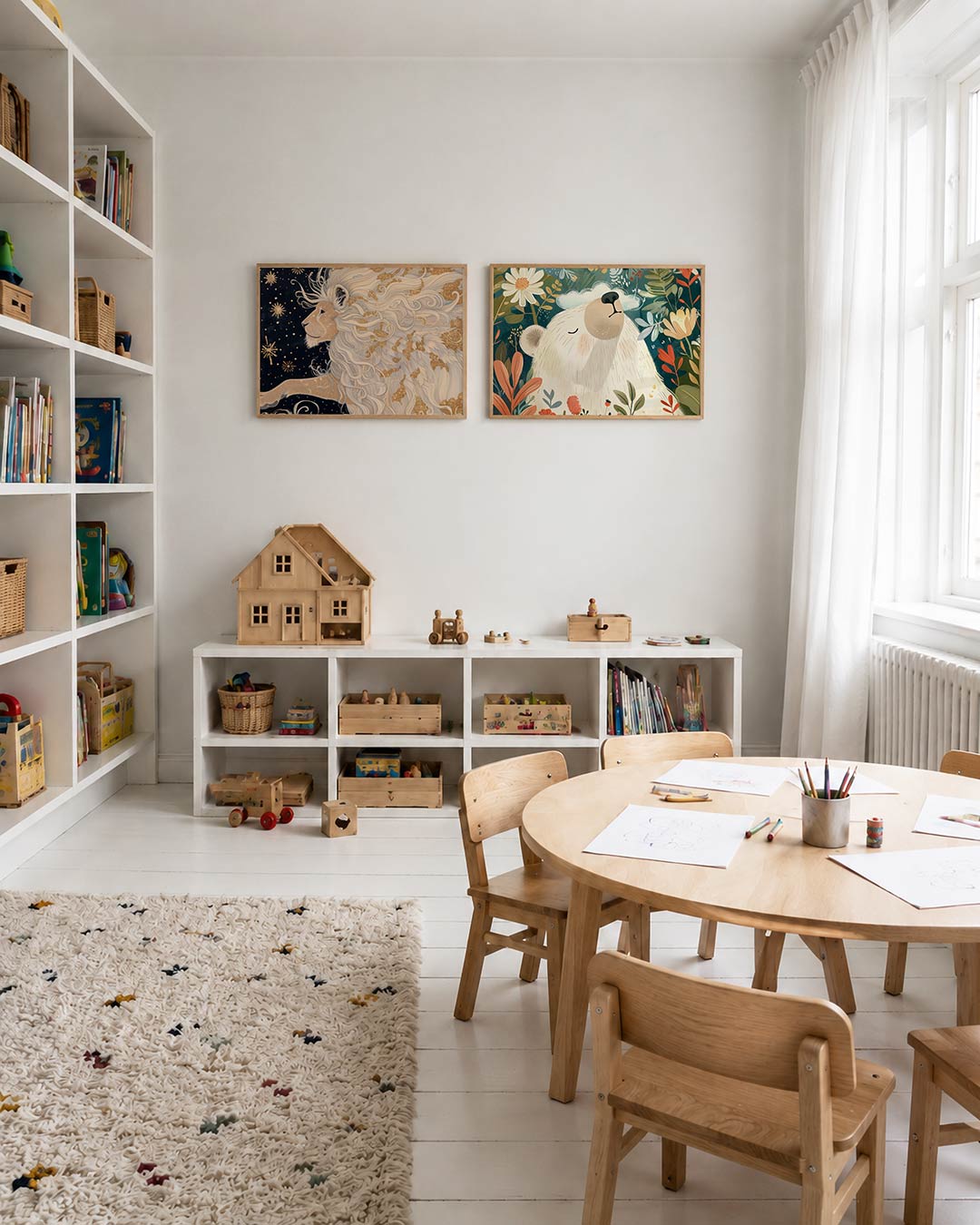 Tweedelige posterset met een sierlijke leeuw met golvende manen in wit en goud, getoond in een interieur