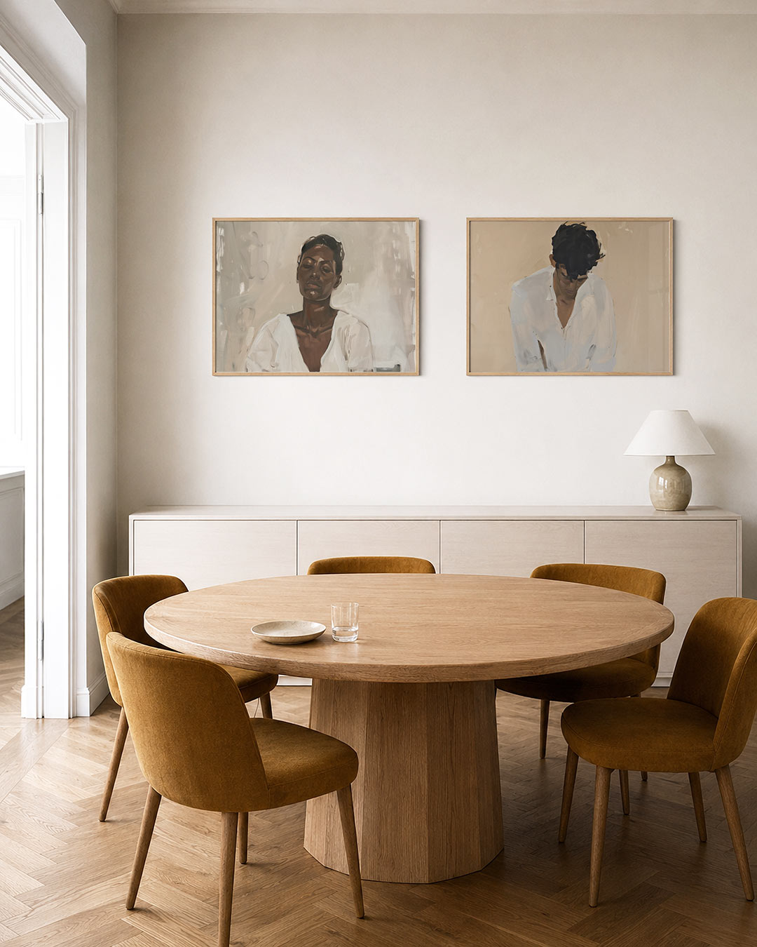 Tweedelige posterset met donkere tinten en een rustige visuele opbouw, getoond in een interieur