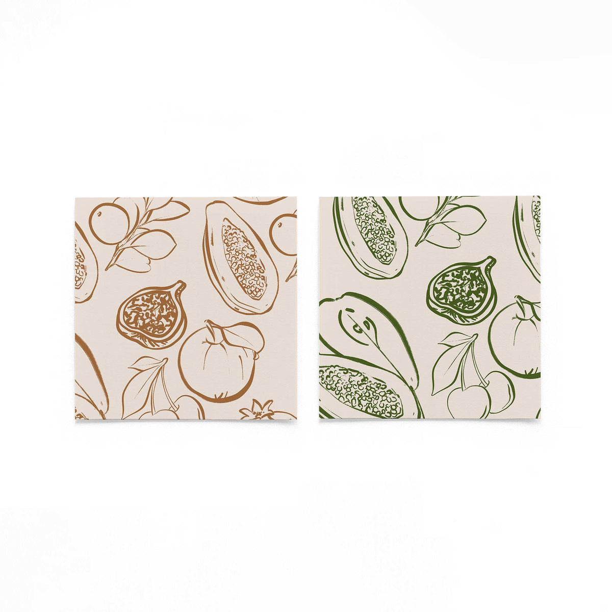 Twee vierkante posters met fruitillustraties op een gebroken witte achtergrond