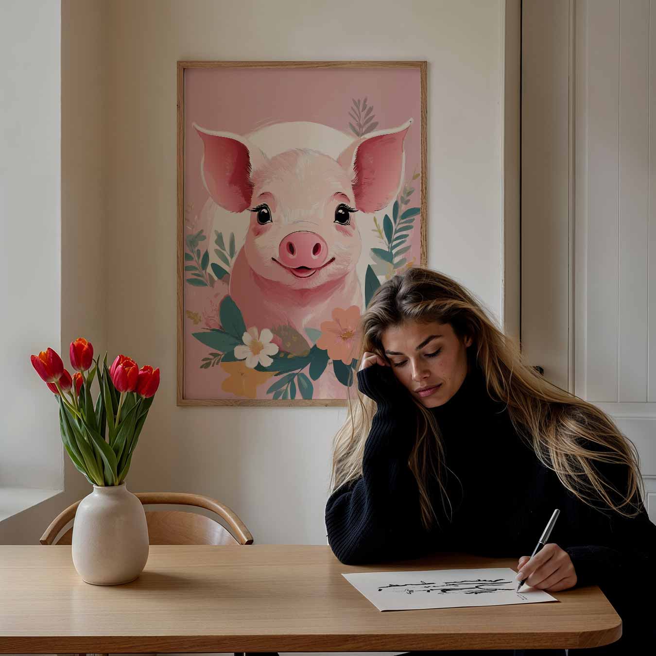 Schattige Varkensposter met Bloemen Poster-WallArtistic