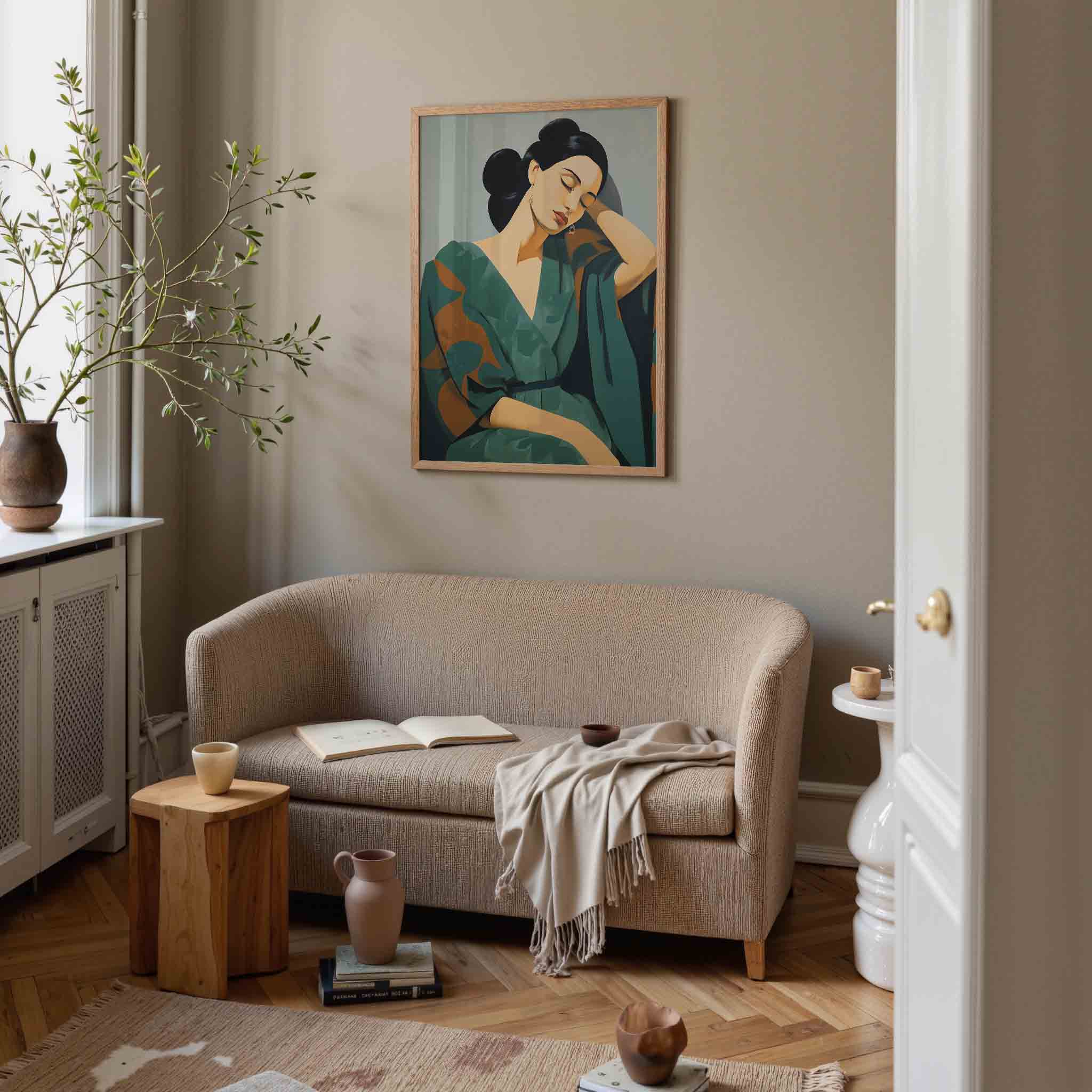 Vrouw in groene jurk Poster