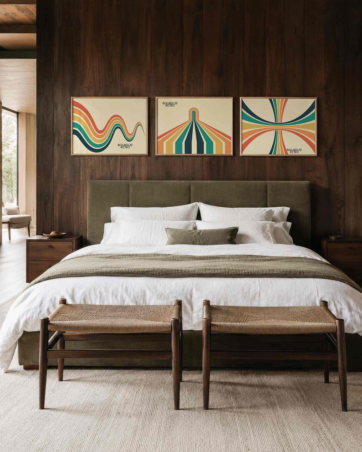 Interieurmockup van drieluik landscape-posterset met golven, bogen en banen