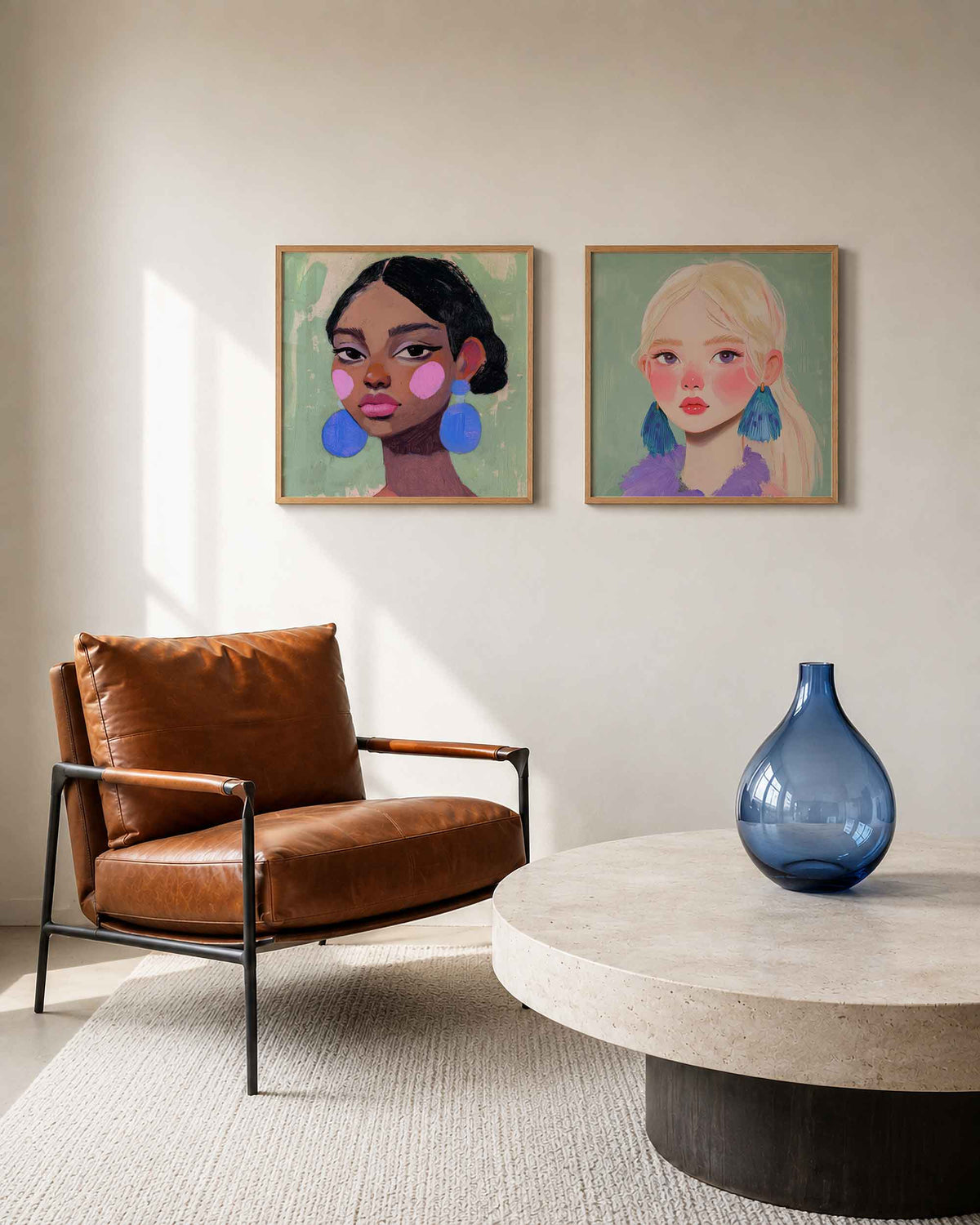 Interieurpresentatie van een tweedelige vierkante posterset met vrouwenportretten