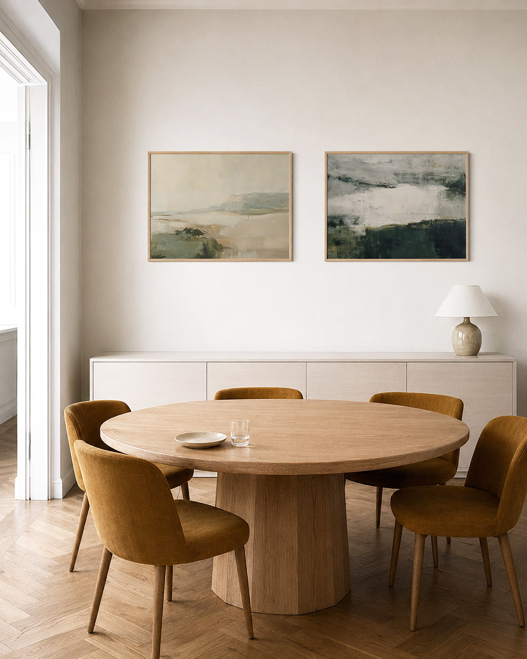 Tweedelige posterset met een compositie van zachte, aardse kleuren, getoond in een interieur