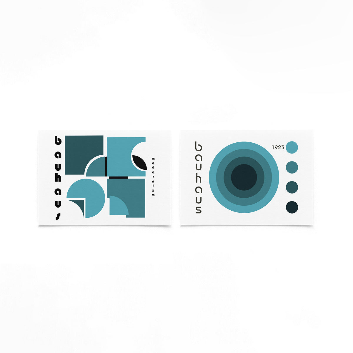 Twee landscape posters met turquoise cirkels en vlakken als vrijstaande productfoto