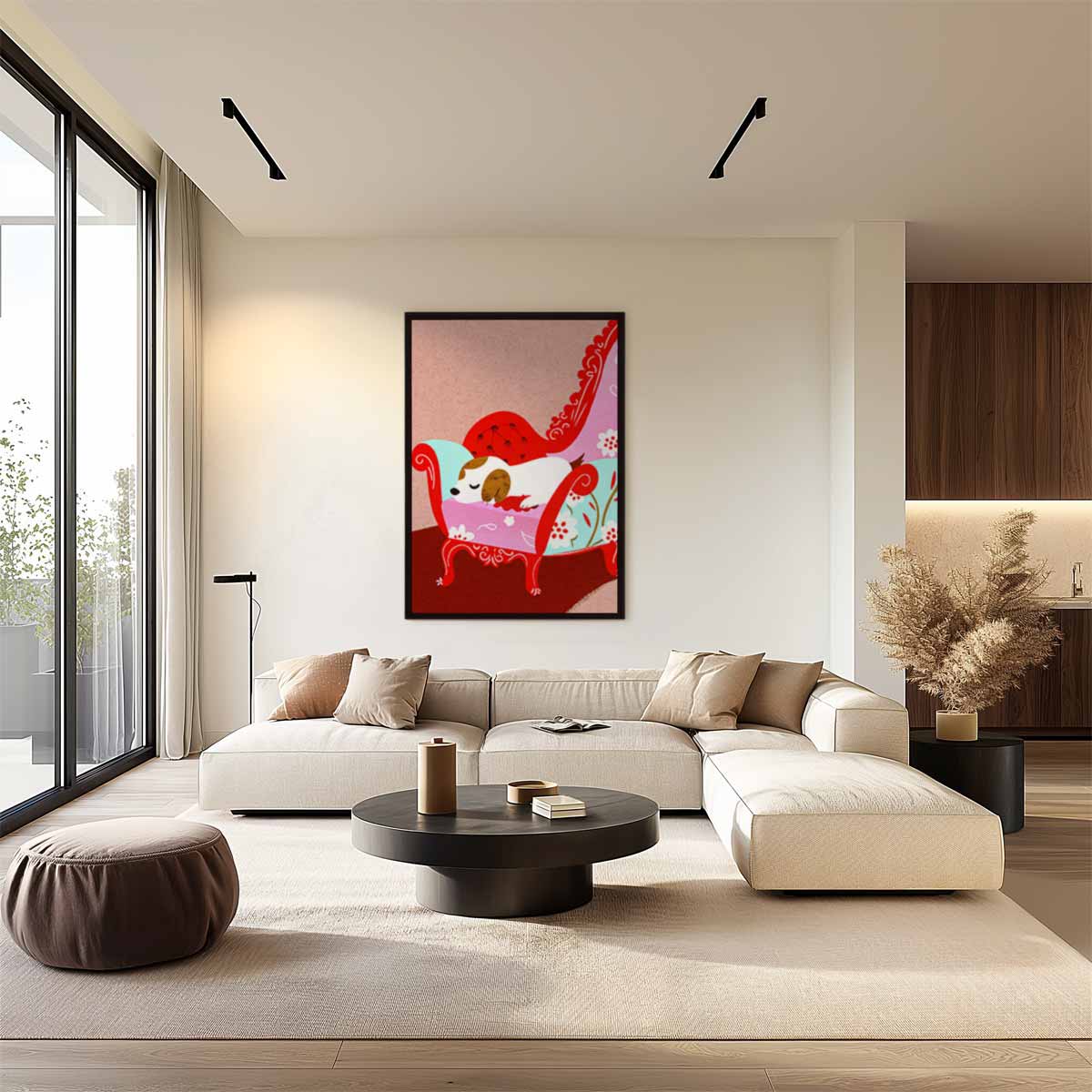 Slapend Hondje in Stijlvolle Stoel Kunstwerk-canvas-dibond-plexiglas-wanddecoratie-WallArtistic