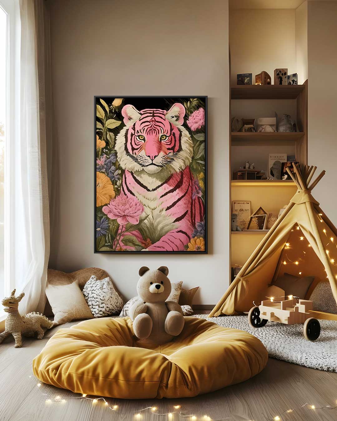 Roze Tijger in Bloemenzee Kunstwerk-canvas-dibond-plexiglas-wanddecoratie-WallArtistic